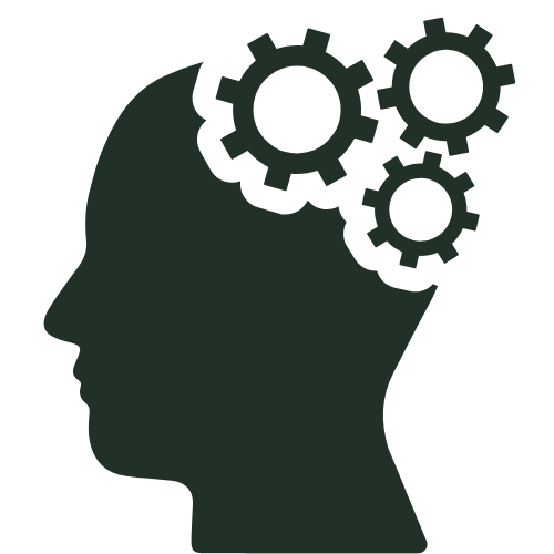 A silhouette of a human head with three interlocking gears inside, symbolizing thinking, problem-solving, and cognitive processes. The design is in a solid dark color, representing innovation, strategy, and intellectual work.