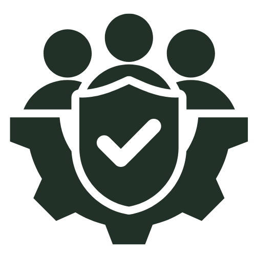 "An icon featuring three figures representing a team or group, positioned behind a shield with a checkmark inside it, symbolizing security, trust, or reliability. The shield is placed in front of a gear, representing teamwork and operational efficiency. The design is in a solid dark color.