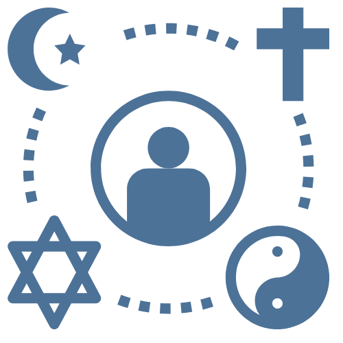 A symbolic icon featuring a central figure enclosed in a circle, surrounded by various religious symbols. The symbols include a crescent moon and star (representing Islam), a cross (representing Christianity), a Star of David (representing Judaism), and a yin-yang symbol (representing Taoism). Dashed lines form a circular pattern connecting the symbols, all designed in a solid blue color, representing unity and inclusivity across different faiths and beliefs.