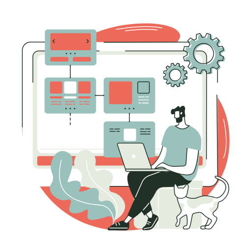 An illustration of a person sitting with a laptop, working on a flowchart or wireframe displayed on a large screen in the background. Gears are positioned in the top-right corner, symbolizing functionality and process design. A cat is sitting beside the person, adding a touch of warmth to the scene. The design features muted shades of green and red with abstract plant elements, creating a modern and creative workspace vibe.