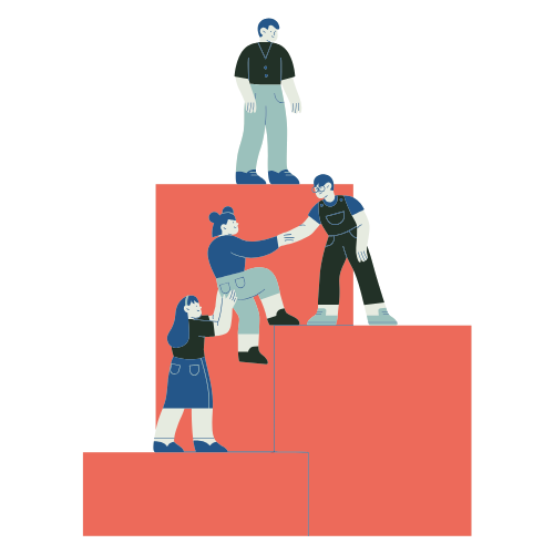 An illustration of four people standing on ascending red blocks, symbolizing progress and teamwork. The individuals are helping one another climb higher, with one person reaching down to assist another. The design uses muted shades of blue and red, conveying themes of collaboration, support, and collective growth.